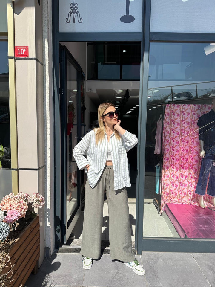 YEŞİL SALAŞ BELİ LASTİKLİ PANTOLON
