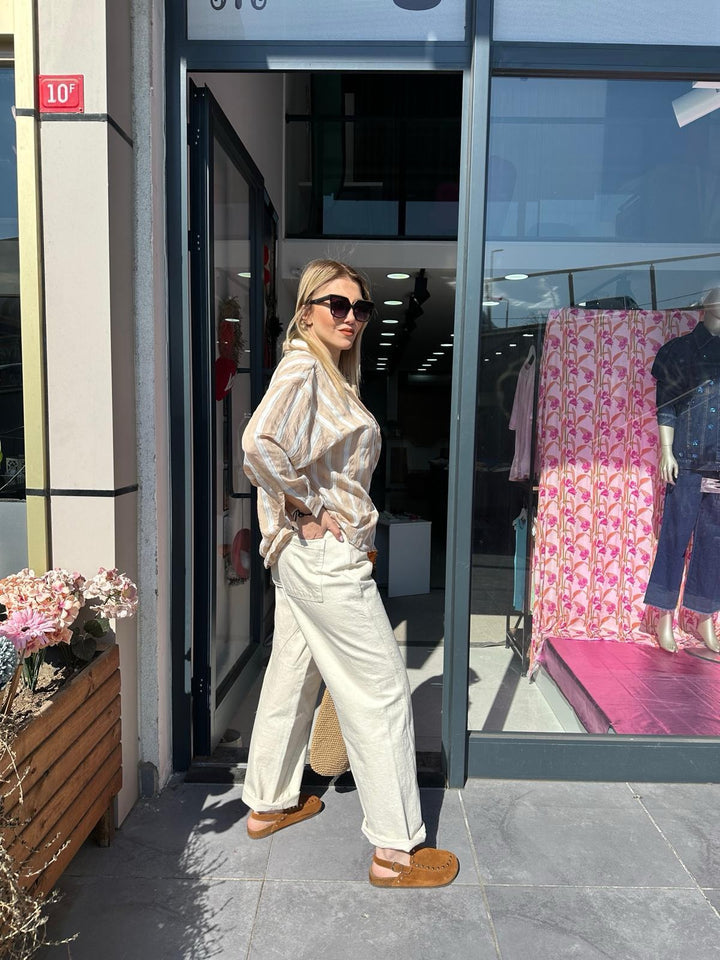 MOM JEANS ECRU GABARDIN PANTOLON