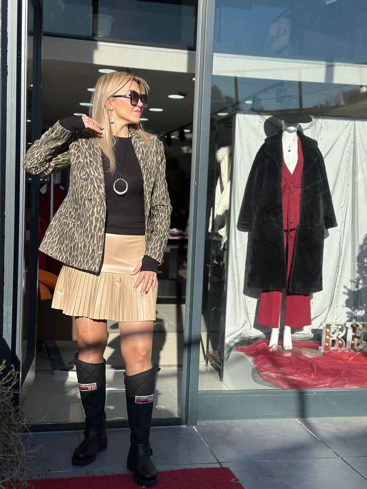 KAŞE KUMAŞ BEJ SİYAH LEOPAR DESENLI ASTARLI BLAZER