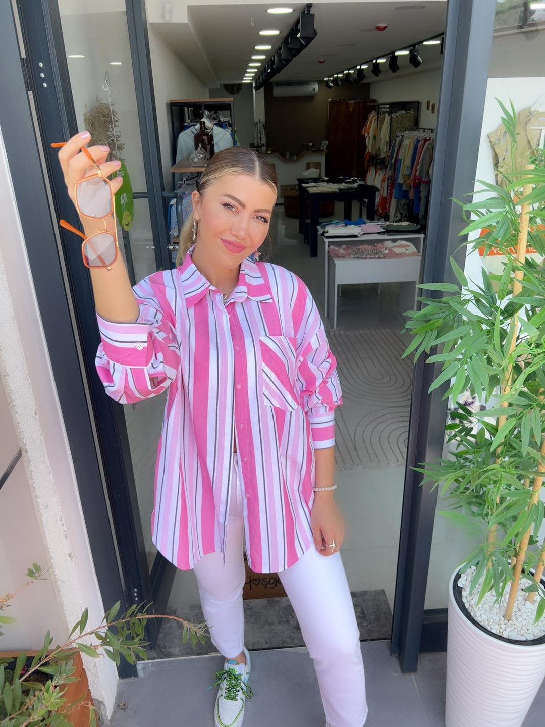 PEMBE-YEŞİL Çizgili Poplin Gömlekler
