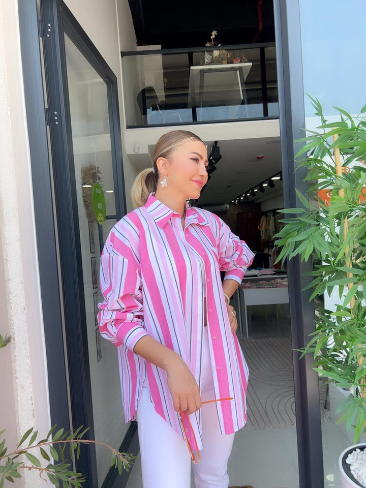 PEMBE-YEŞİL Çizgili Poplin Gömlekler