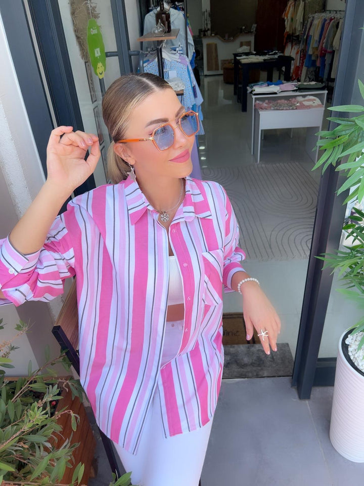 PEMBE-YEŞİL Çizgili Poplin Gömlekler