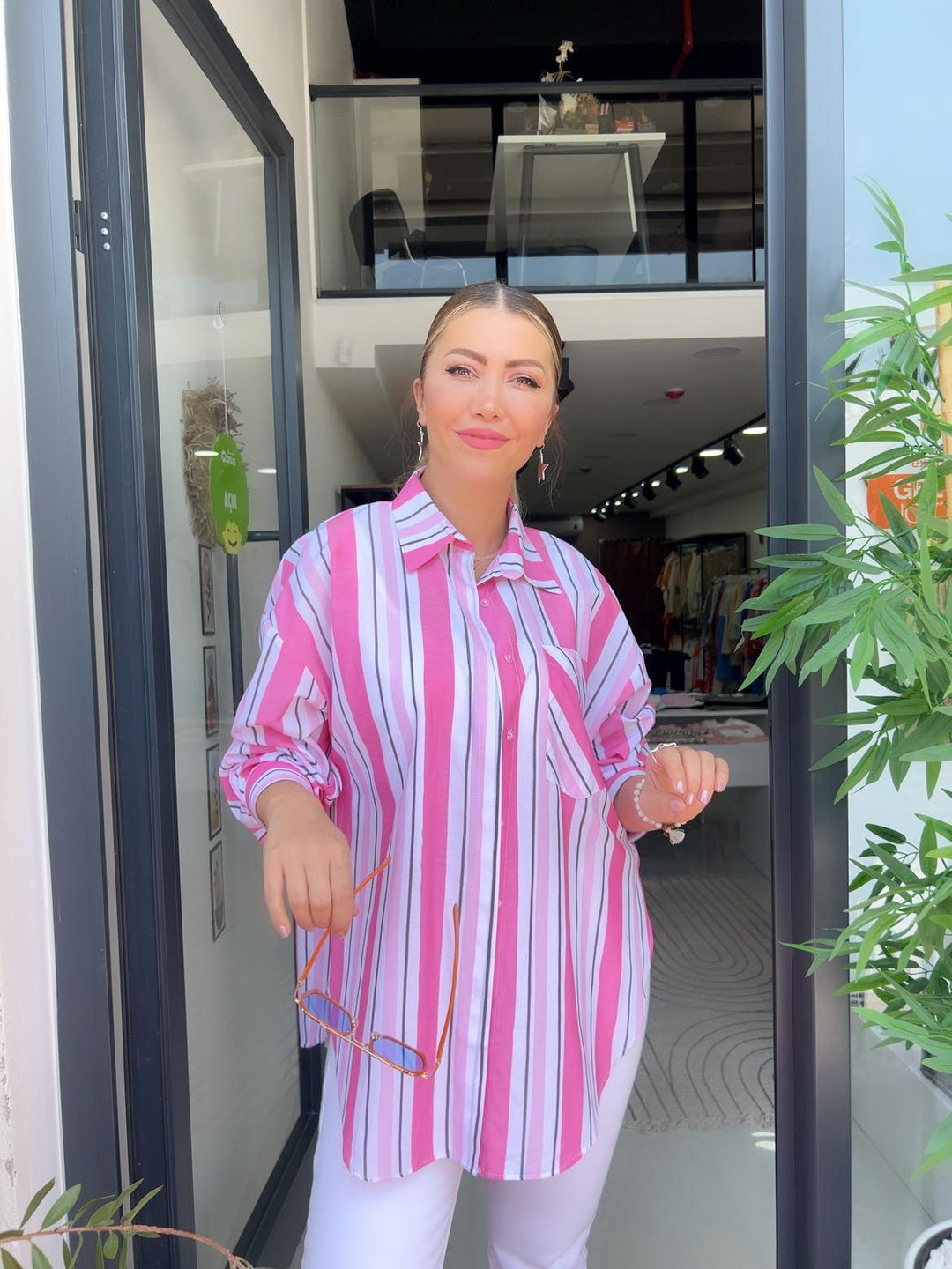 PEMBE-YEŞİL Çizgili Poplin Gömlekler