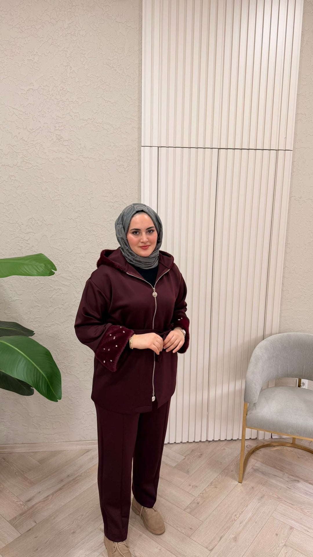 BORDO KÜRKLÜ TAŞ DETAYLI TAKIM