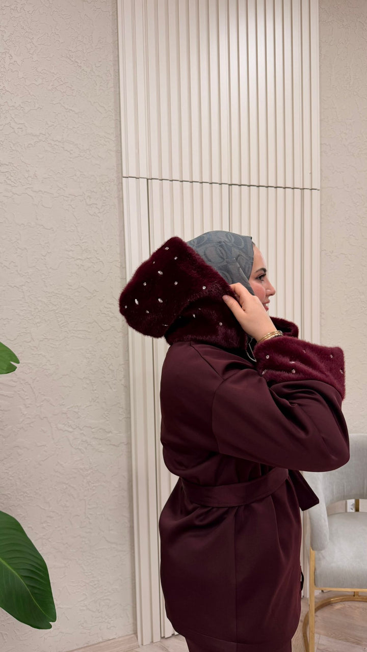 BORDO KÜRKLÜ TAŞ DETAYLI TAKIM