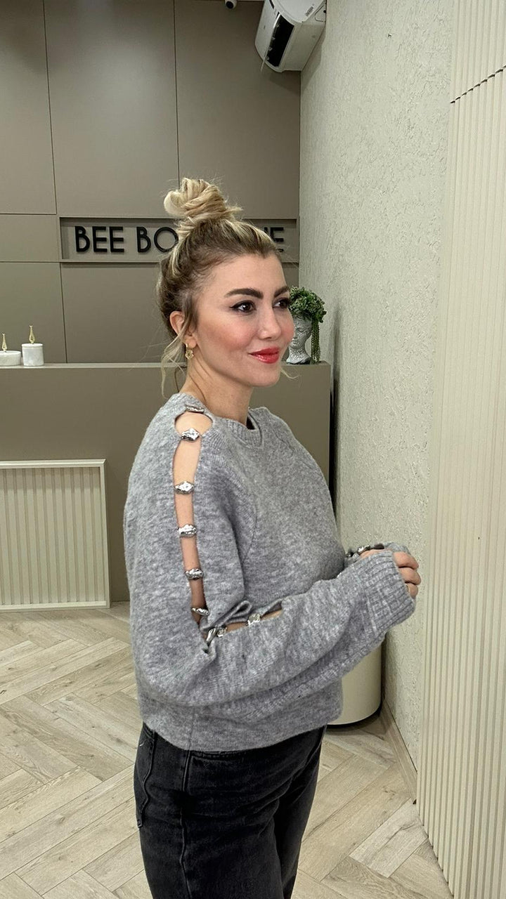 DLVN GRİ TAŞ İŞLEMELİ KAZAK