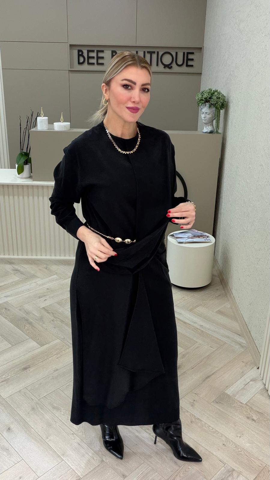 GOLD METAL KEMERLİ TENCEL ELBİSE