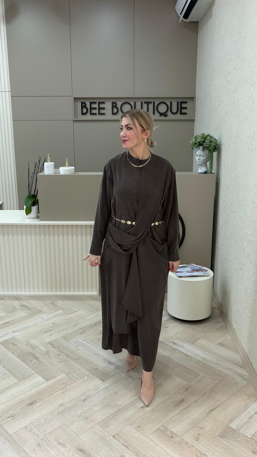 GOLD METAL KEMERLİ TENCEL ELBİSE