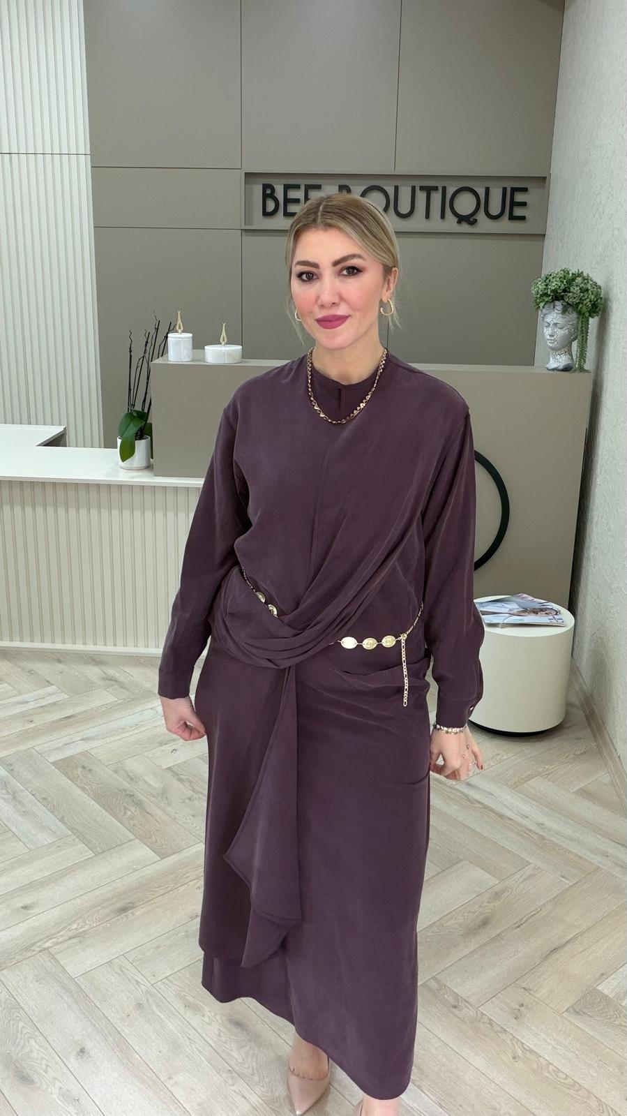 GOLD METAL KEMERLİ TENCEL ELBİSE