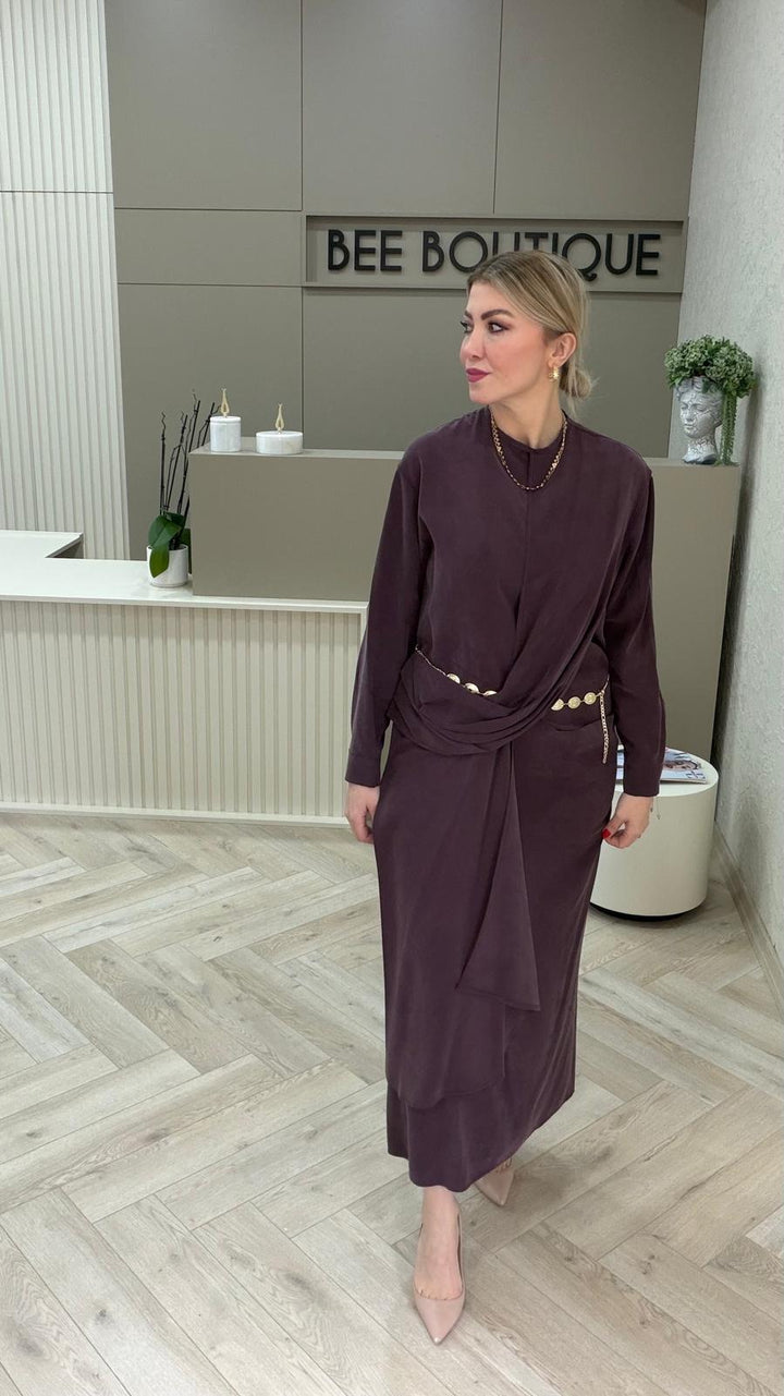 GOLD METAL KEMERLİ TENCEL ELBİSE
