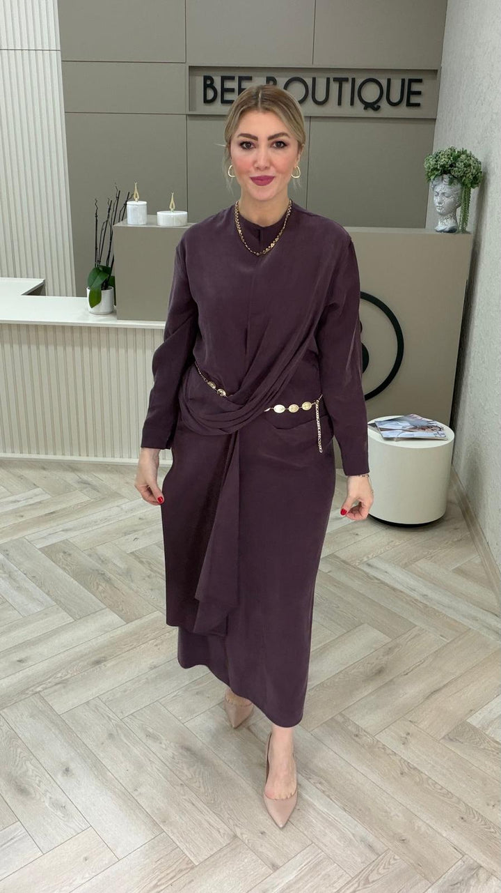 GOLD METAL KEMERLİ TENCEL ELBİSE