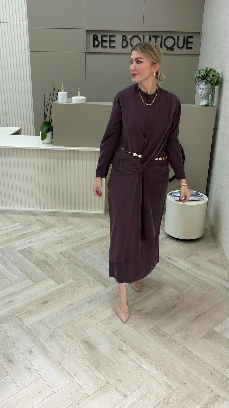 GOLD METAL KEMERLİ TENCEL ELBİSE