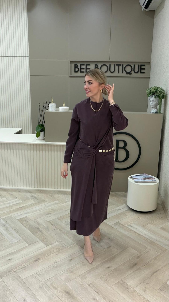 GOLD METAL KEMERLİ TENCEL ELBİSE