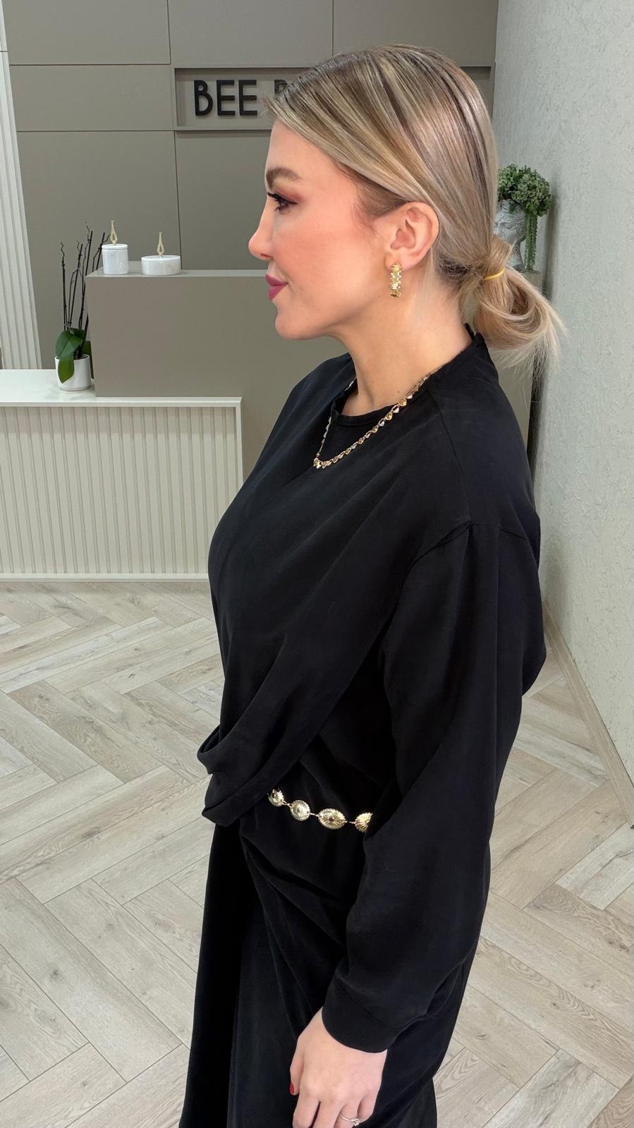 GOLD METAL KEMERLİ TENCEL ELBİSE