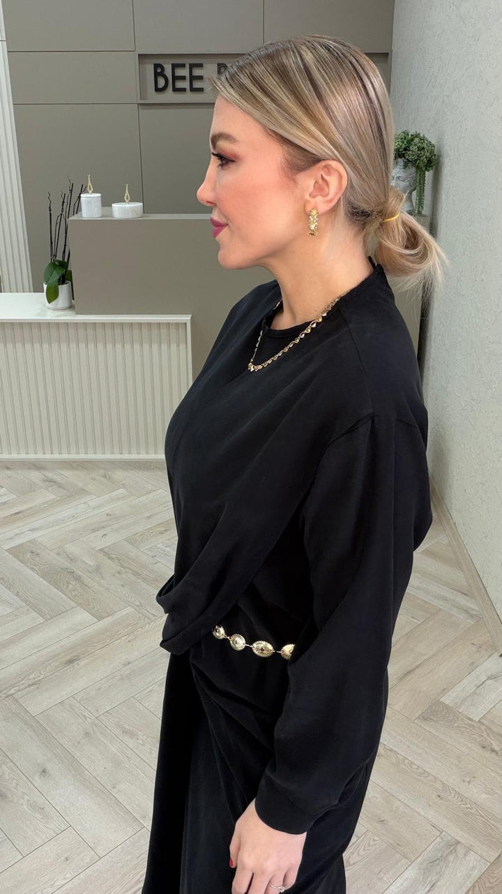 GOLD METAL KEMERLİ TENCEL ELBİSE