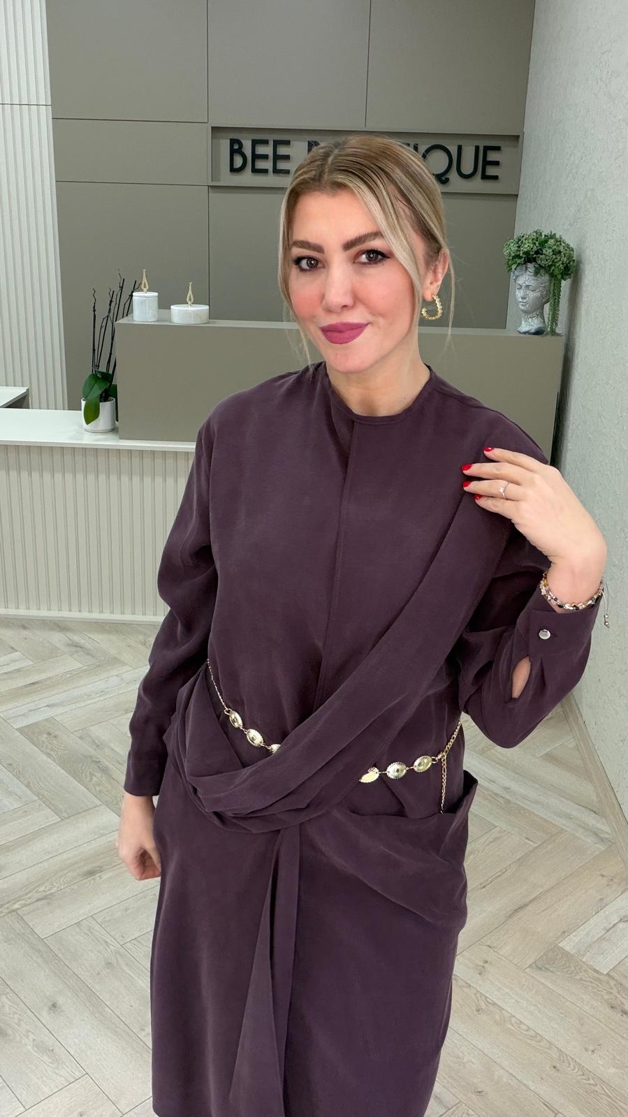 GOLD METAL KEMERLİ TENCEL ELBİSE