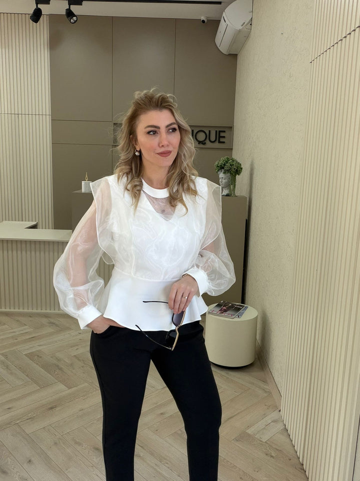 TASARIM BEYAZ ORGANZE KUMAŞ BLUZ