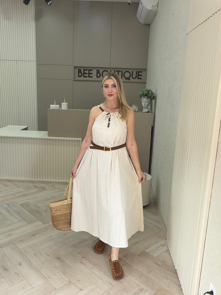 KETEN BONCUK DETAYLI UZUN ELBİSE