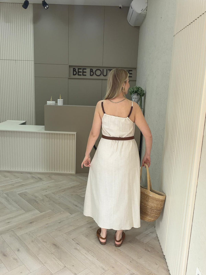KETEN BONCUK DETAYLI UZUN ELBİSE