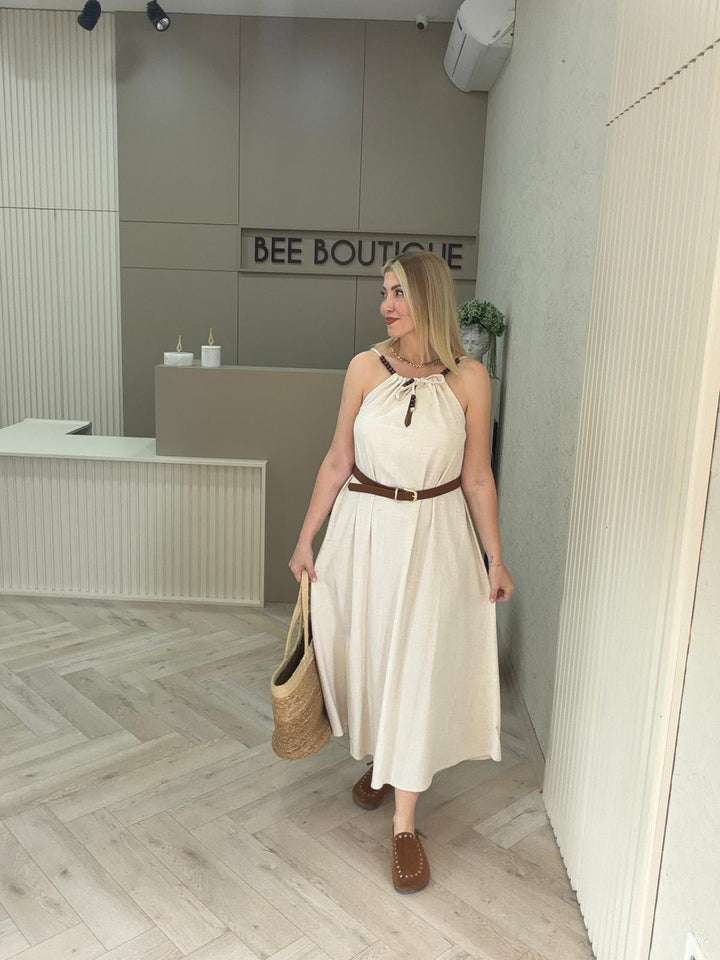 KETEN BONCUK DETAYLI UZUN ELBİSE