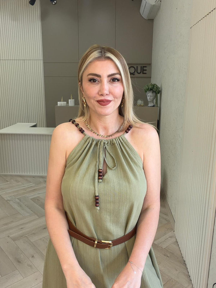 KETEN BONCUK DETAYLI UZUN ELBİSE
