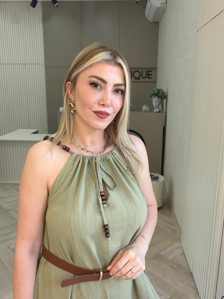 KETEN BONCUK DETAYLI UZUN ELBİSE