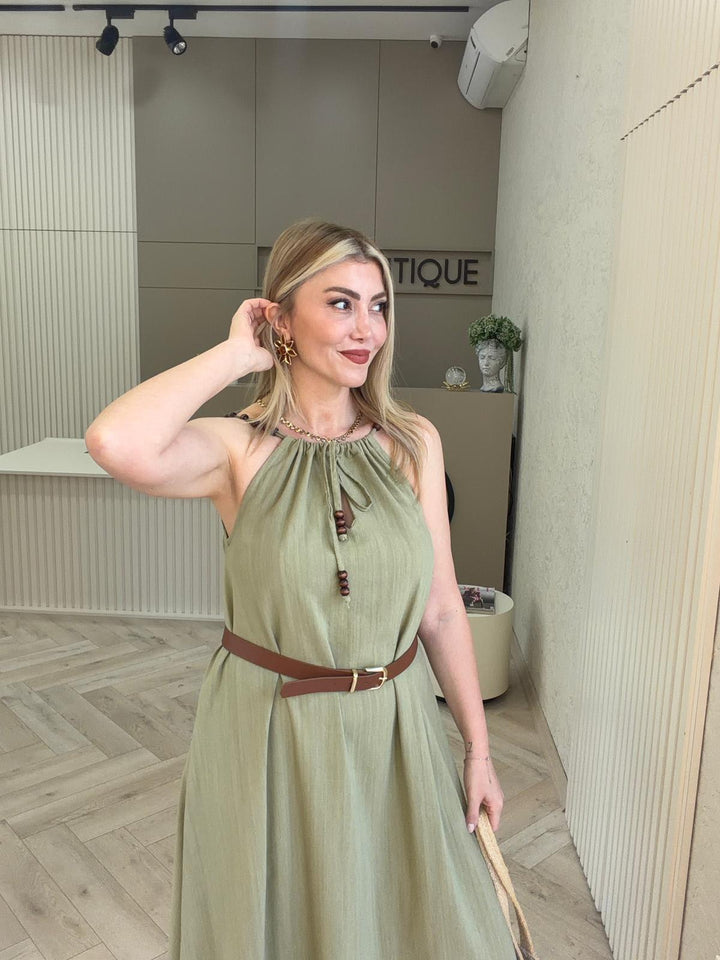 KETEN BONCUK DETAYLI UZUN ELBİSE