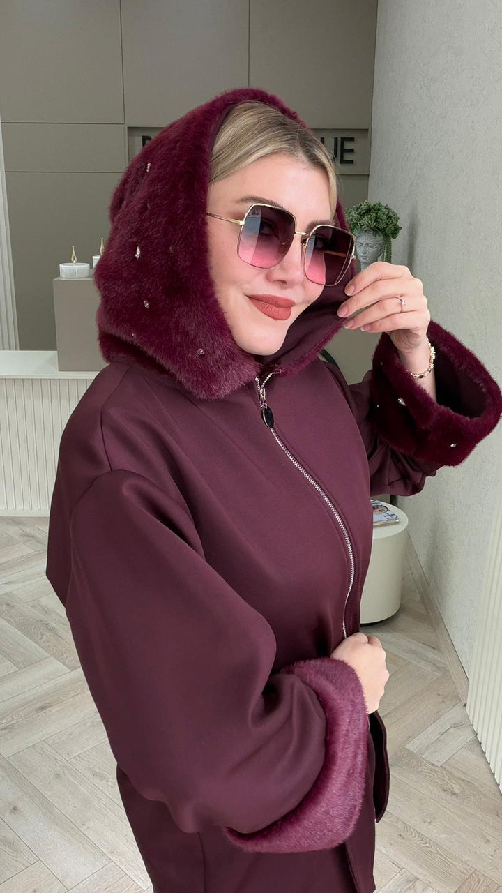 BORDO KÜRKLÜ TAŞ DETAYLI TAKIM