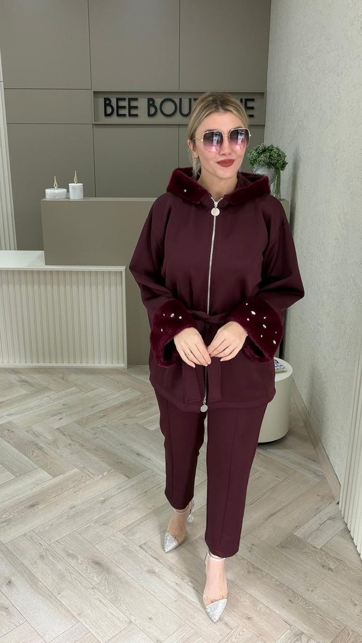 BORDO KÜRKLÜ TAŞ DETAYLI TAKIM