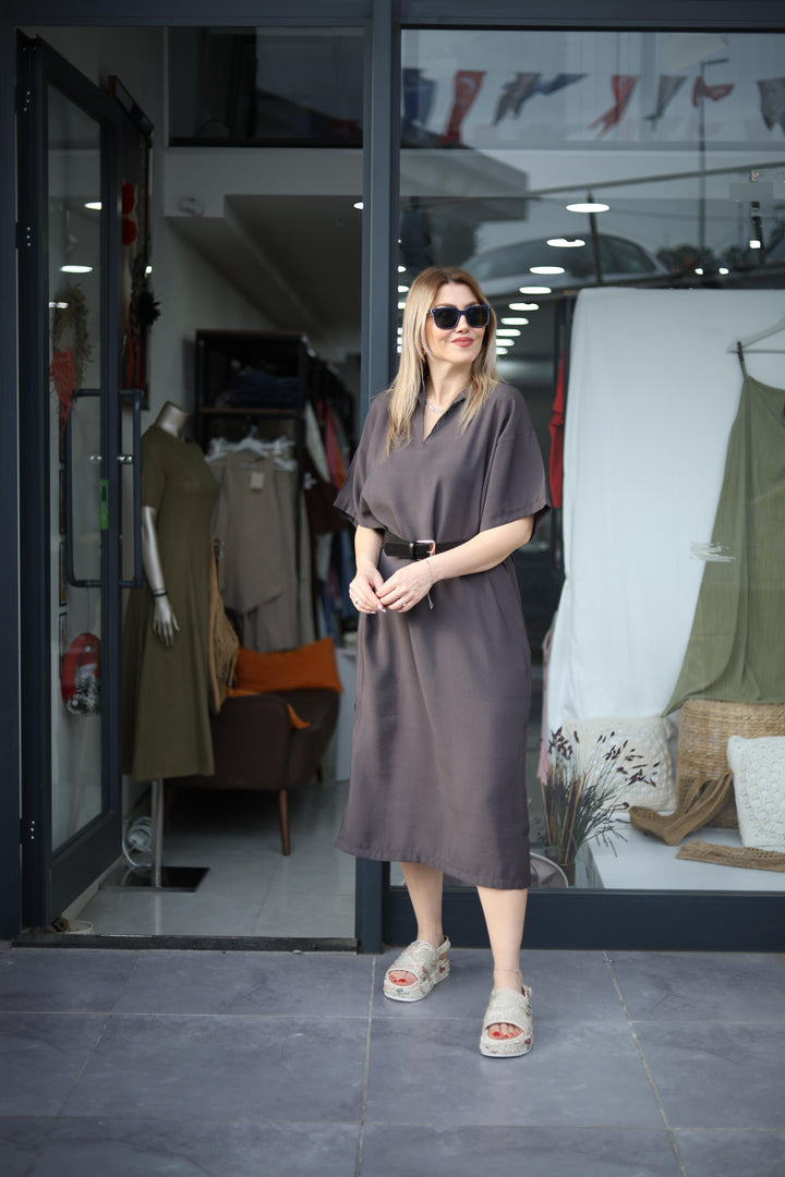 Yırtmaçlı Tencel Elbise