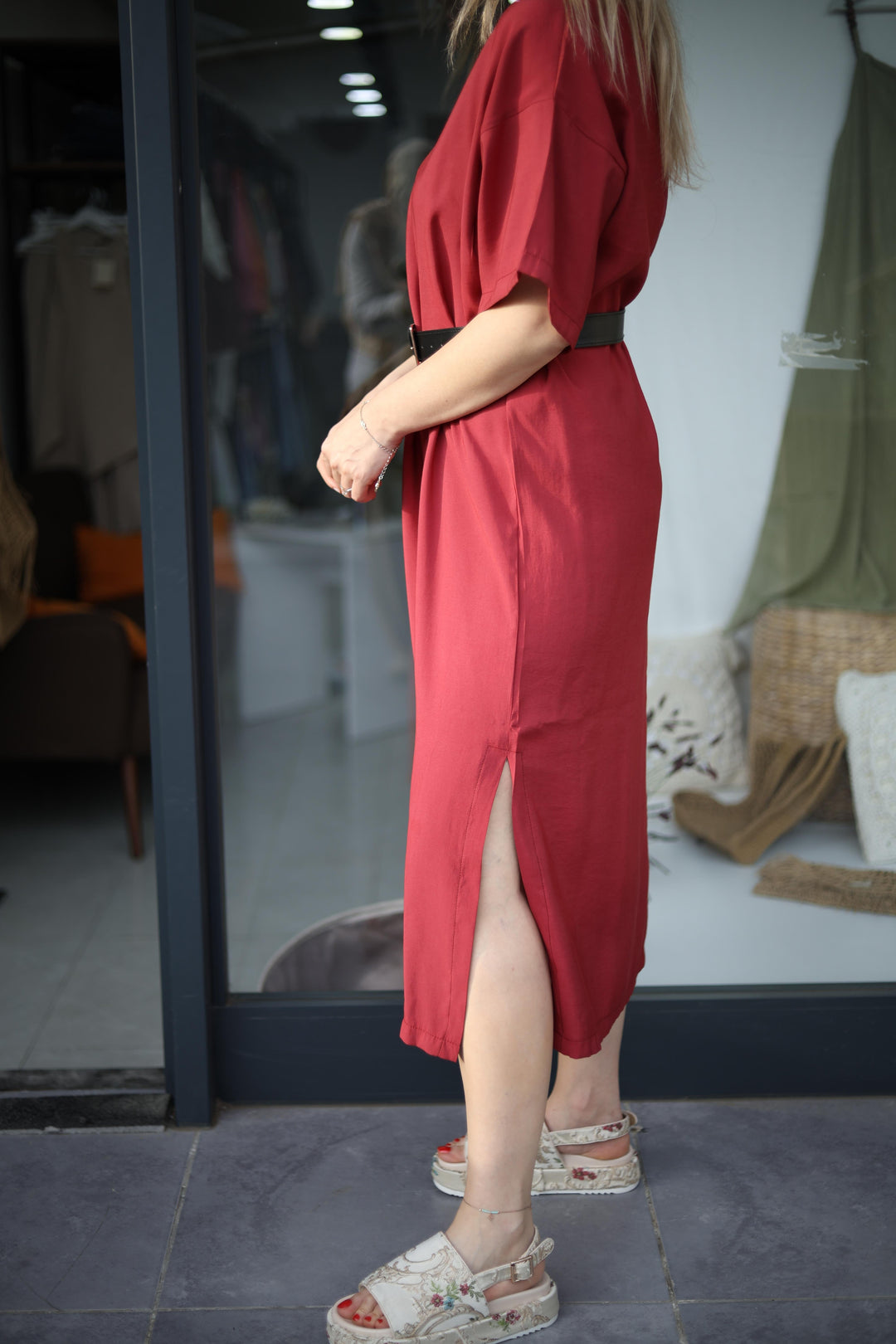 Yırtmaçlı Tencel Elbise