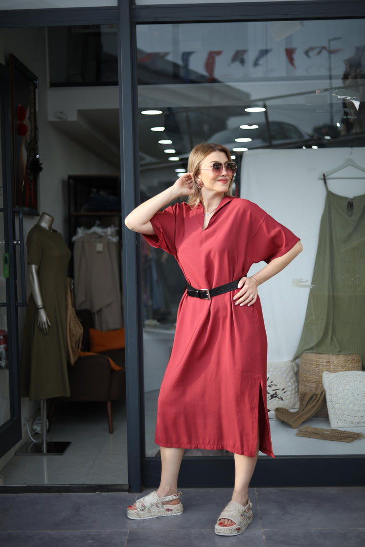 Yırtmaçlı Tencel Elbise