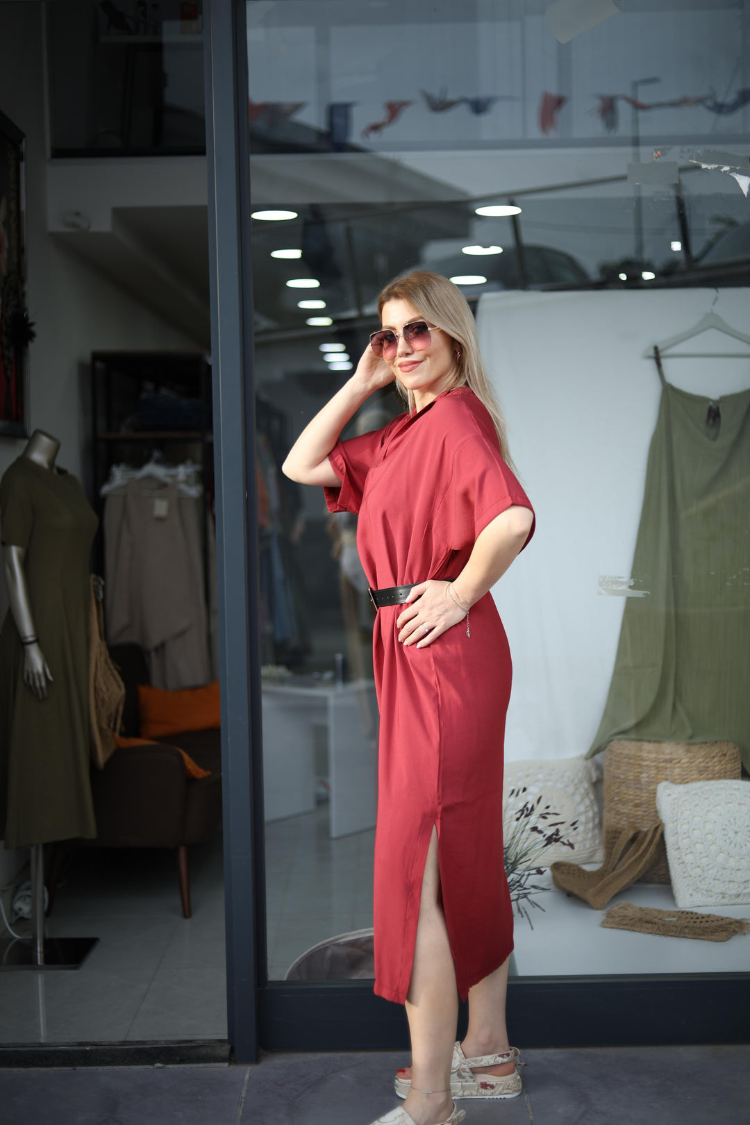 Yırtmaçlı Tencel Elbise
