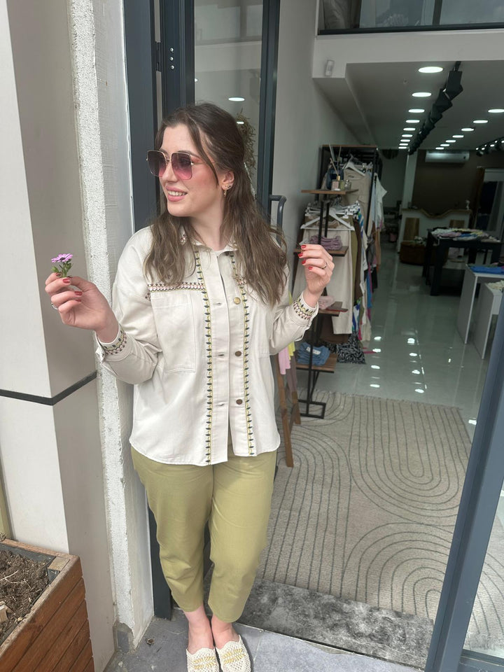 Gabardin Kemer Detaylı Yeşil Pantolon