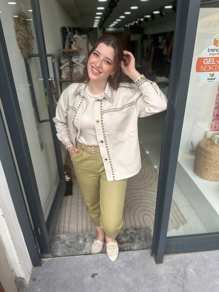 Gabardin Kemer Detaylı Yeşil Pantolon
