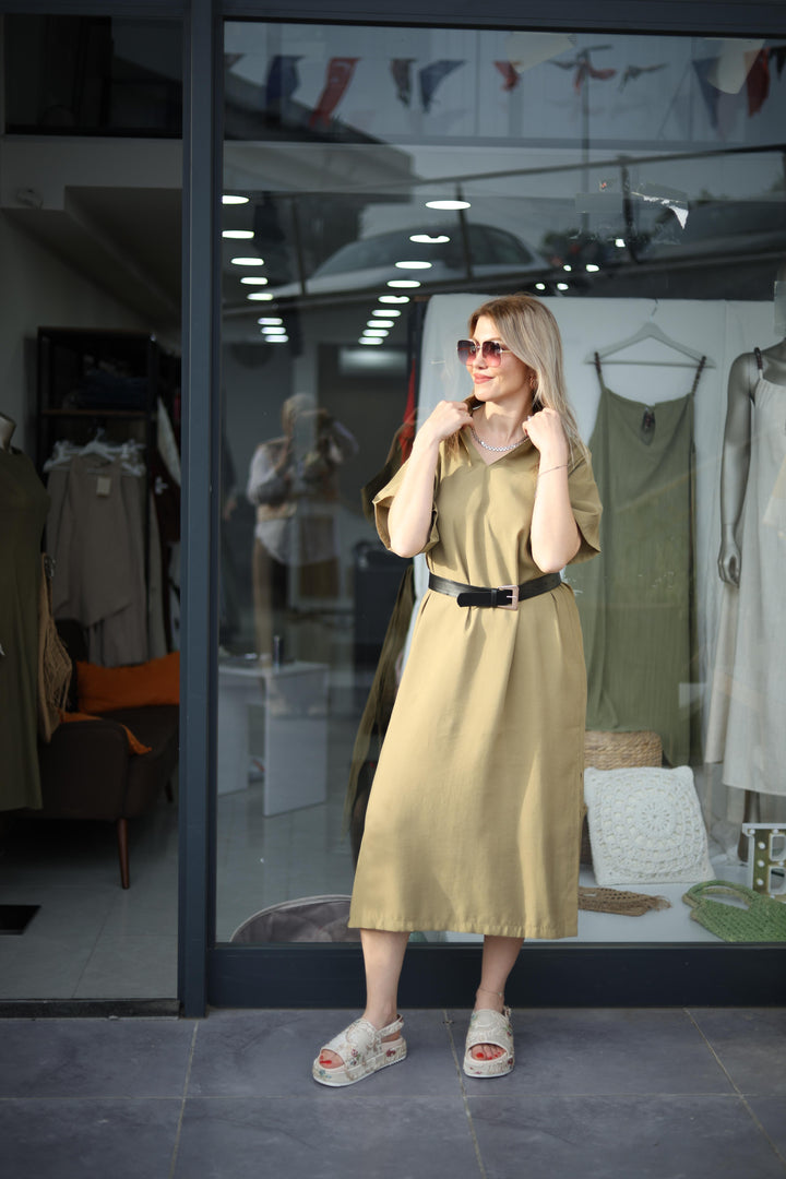 Yırtmaçlı Tencel Elbise