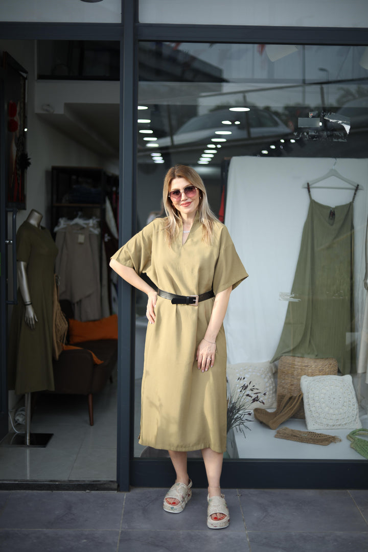 Yırtmaçlı Tencel Elbise