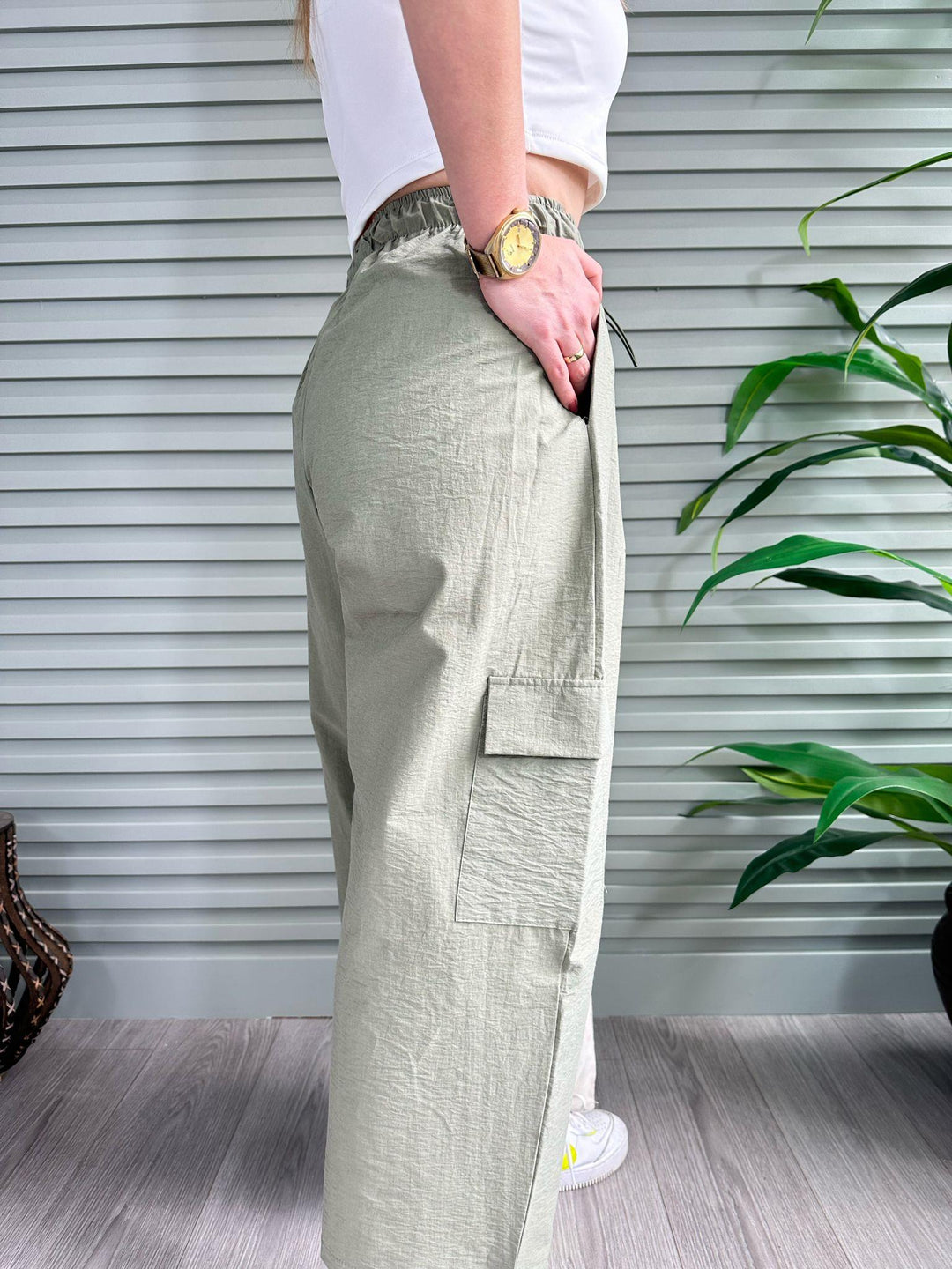 Paraşüt Kumaş Stoperli Pantolon (Yeşil)