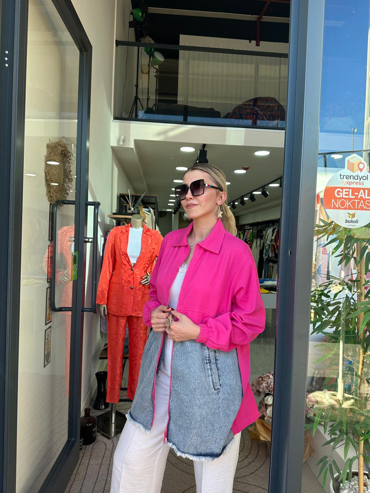 Pembe Denim Kombinli Ceket