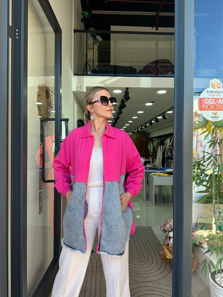 Pembe Denim Kombinli Ceket