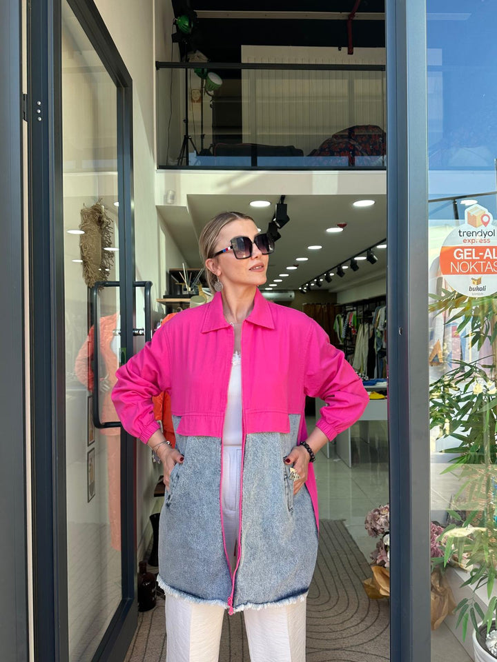 Pembe Denim Kombinli Ceket