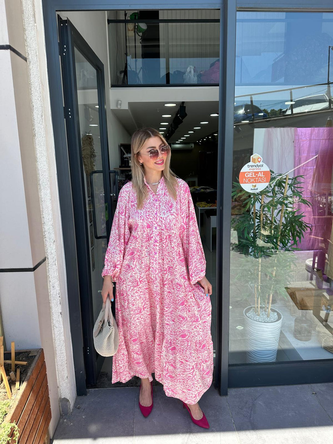 Pembe Desenli Poplin Elbise