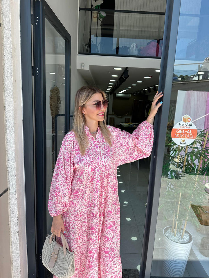 Pembe Desenli Poplin Elbise