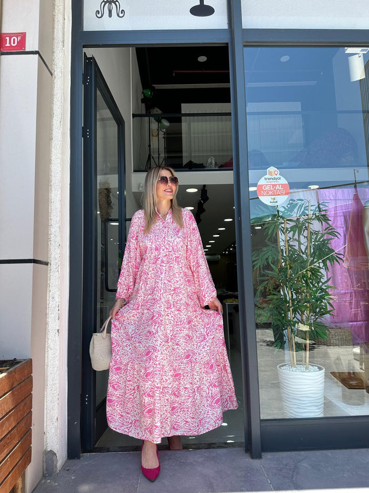 Pembe Desenli Poplin Elbise