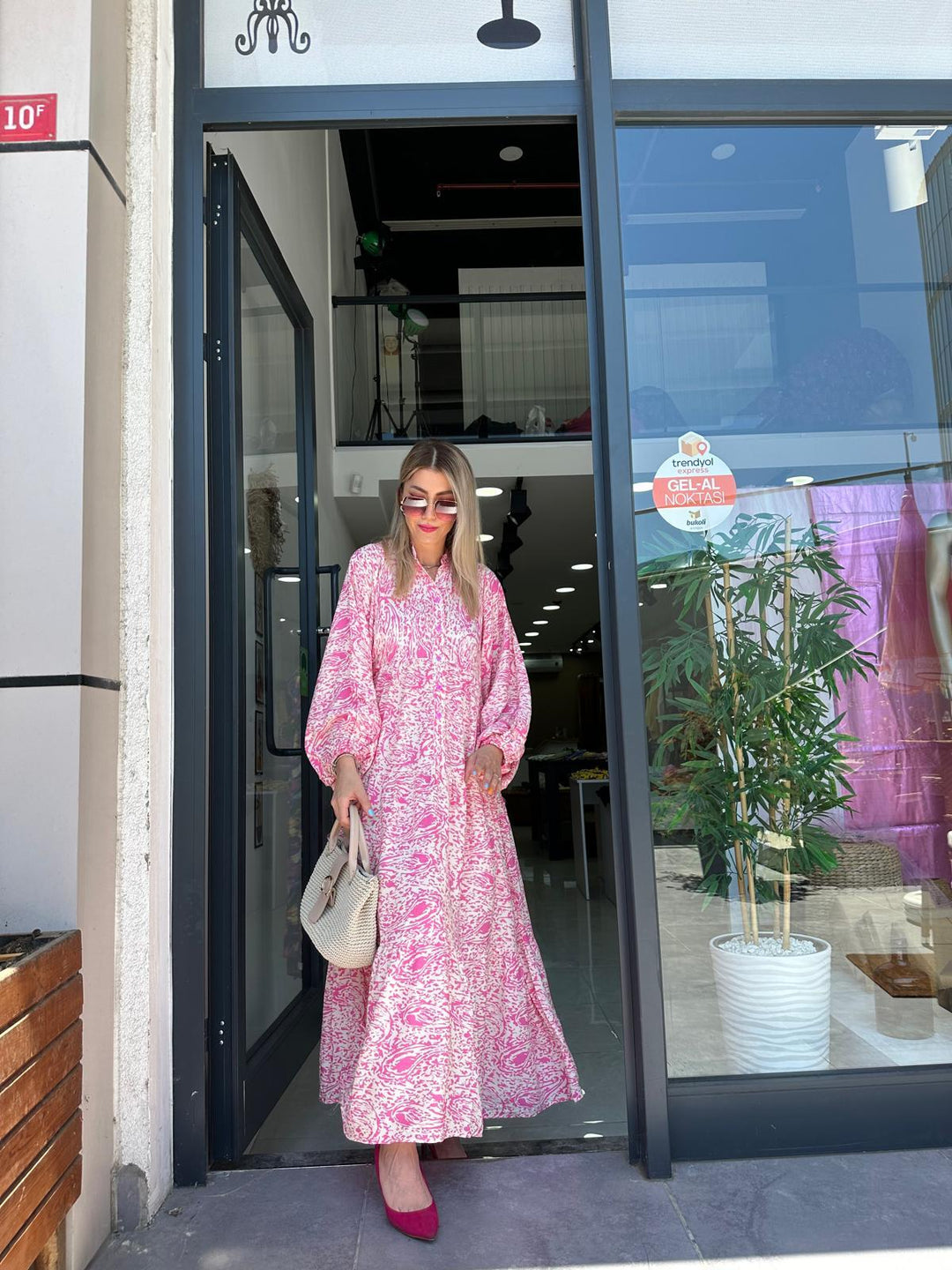 Pembe Desenli Poplin Elbise