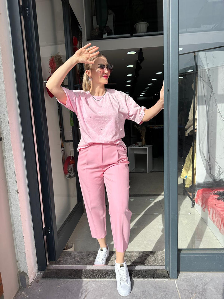 PEMBE KEMERLİ HAVUÇ PANTOLON