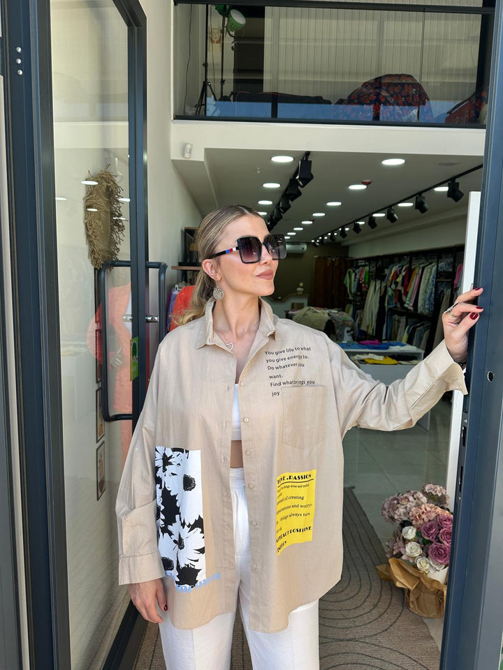 Poplin Kumaş Üzeri Baskı Detaylı Gömlek