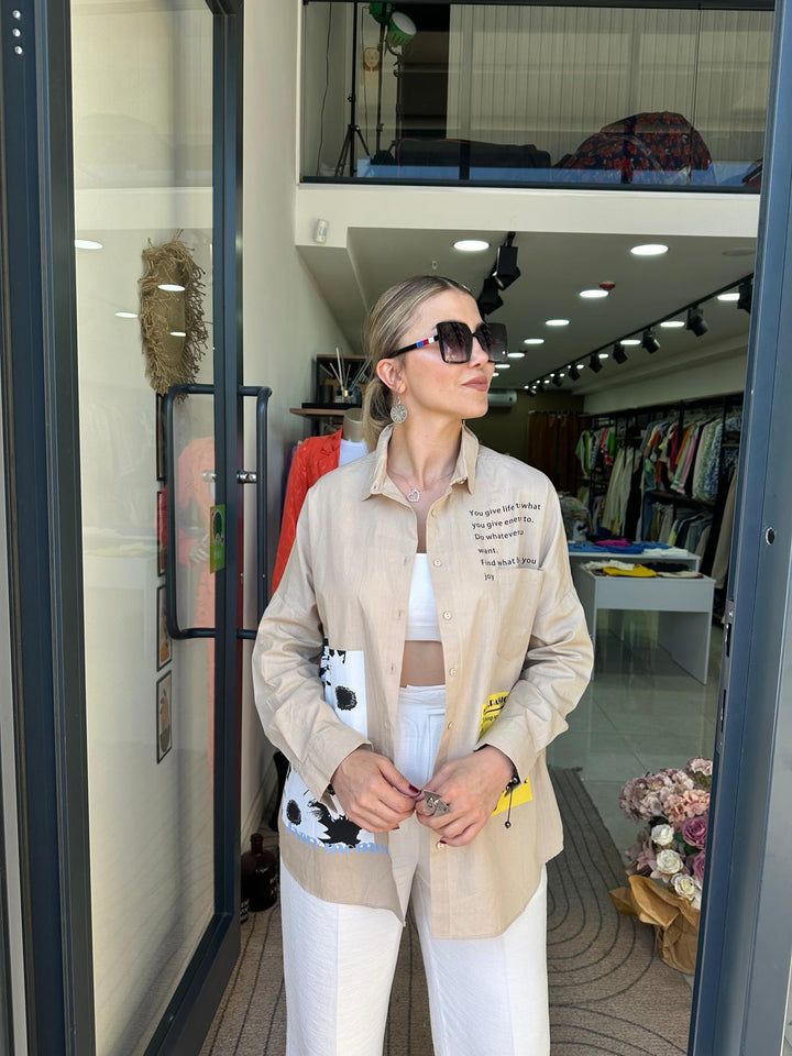 Poplin Kumaş Üzeri Baskı Detaylı Gömlek