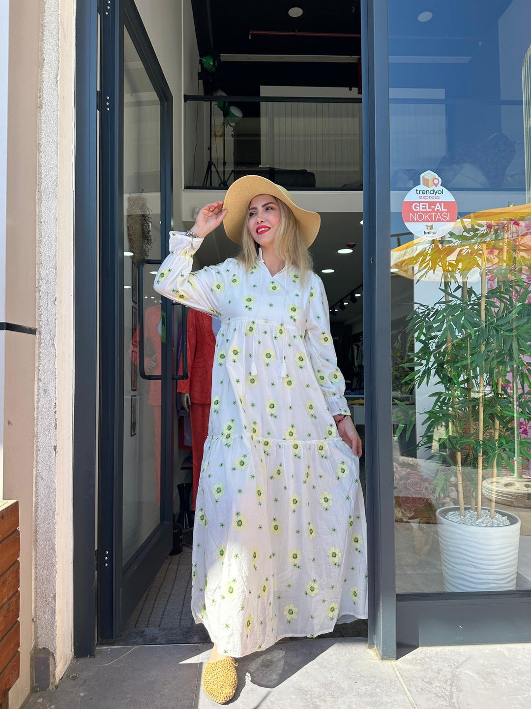 SARI CİCEKLI POPLIN ELBİSE