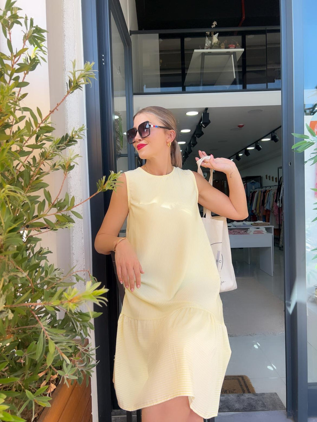 Sarı Çizgili Poplin Elbise